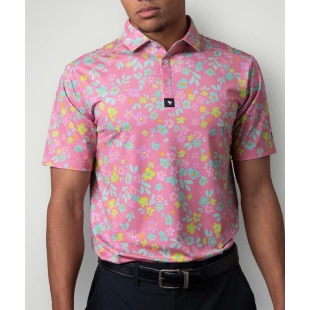Bad Birdie Flower Bomb Pink Floral Polo Shirt Golf UPF 50 Stretch Performance XL
